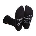 Black rude slogan gaming socks with white text and game controller graphic designed for gamers