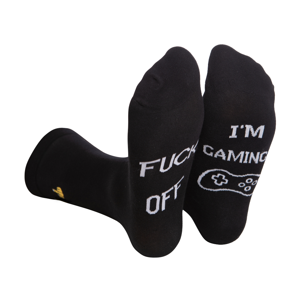 Black rude slogan gaming socks with white text and game controller graphic designed for gamers