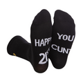 Black rude slogan socks with happy 21st and you cunt text featuring a small gold logo on the heel for birthday gifts