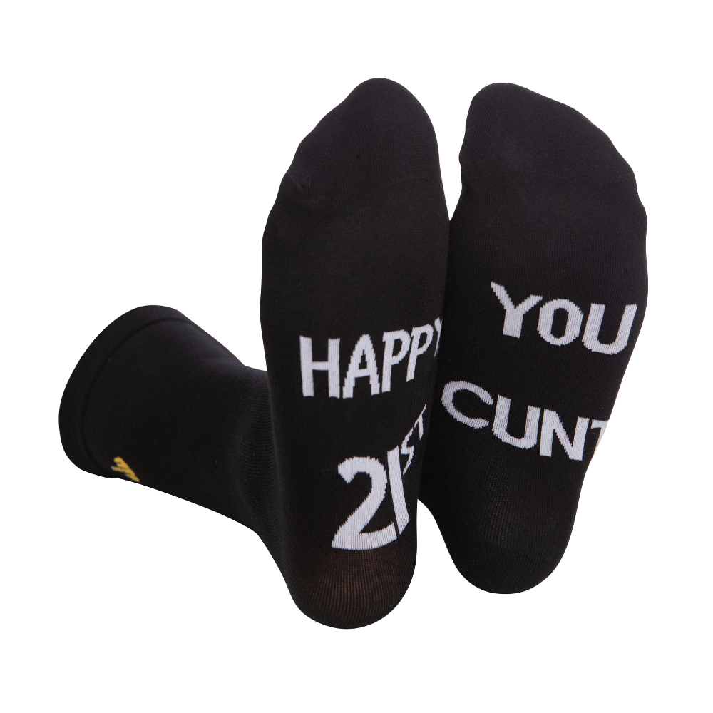 Black rude slogan socks with happy 21st and you cunt text featuring a small gold logo on the heel for birthday gifts