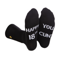 Black rude slogan socks with white happy 18th you cunt text and gold logo on the heel for 18th birthday gift