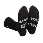 Black rude slogan socks with white happy 18th you cunt text and gold logo on the heel for 18th birthday gift
