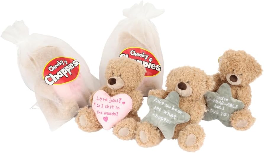 A soft light brown plush teddy bear holding a pink heart charm with cheeky love you text poke the bear