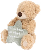 A soft tan plush teddy bear with textured fur holding a light blue star pillow embroidered with white text