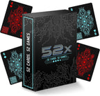 Black box 52X playing cards with circuit board design and glowing blue trim featuring red and cyan royal card illustrations