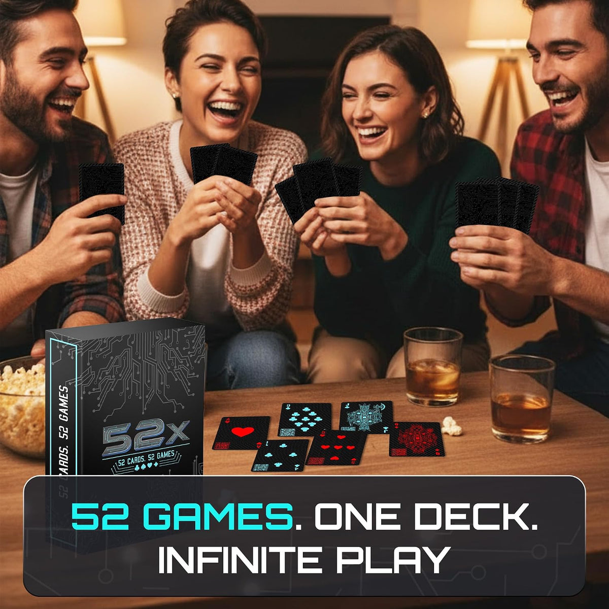 Black 52x playing cards with glowing neon red blue and teal designs on backs arranged on wooden table next to their box