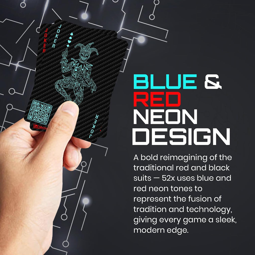 Black carbon fiber 52x playing card back with glowing blue neon joker design red text and qr code on the corner