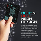Black carbon fiber 52x playing card back with glowing blue neon joker design red text and qr code on the corner