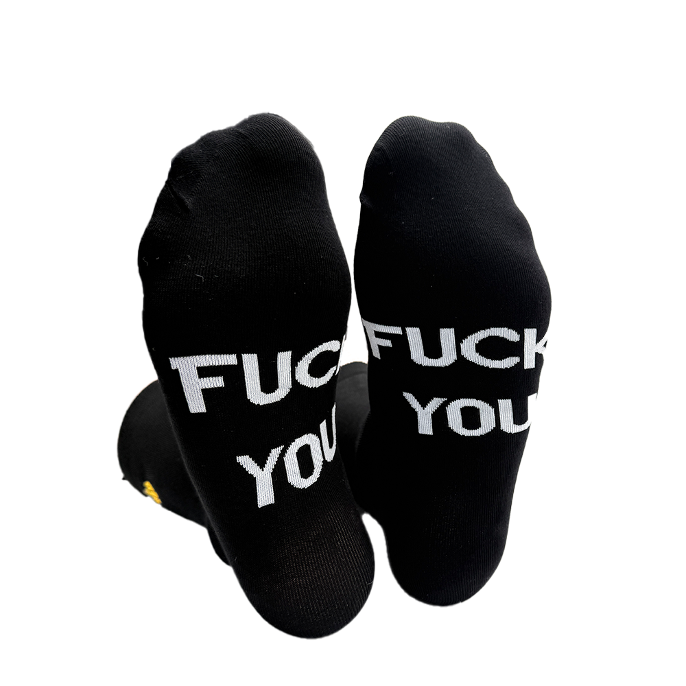 Black socks with white embroidered rude slogan on the back of each foot funny bold novelty gift