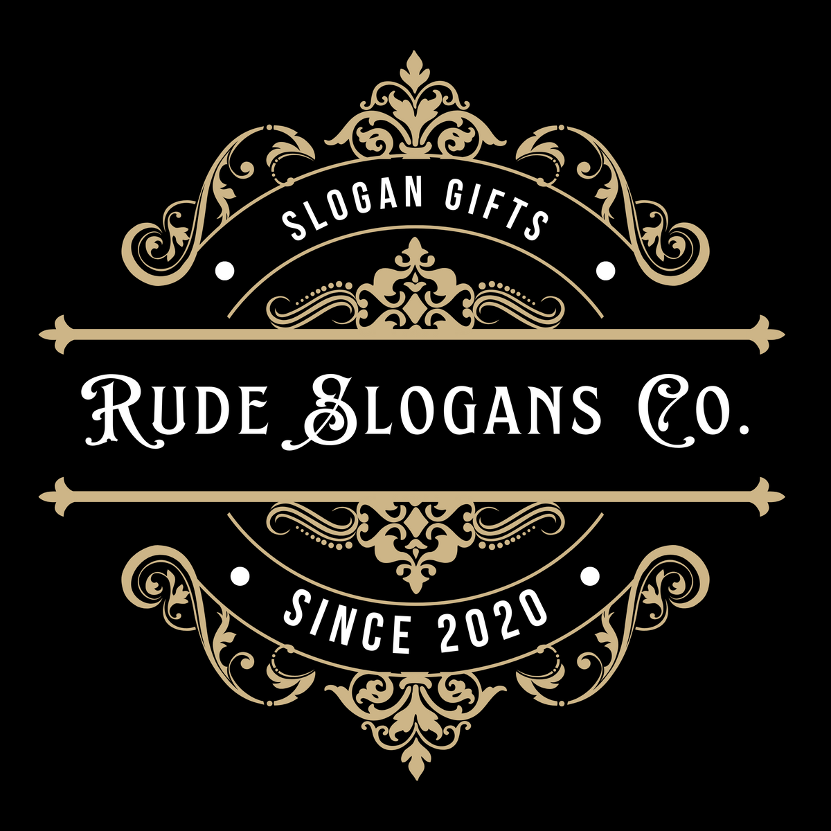 Elegant gold and white ornate logo for rude slogans co.