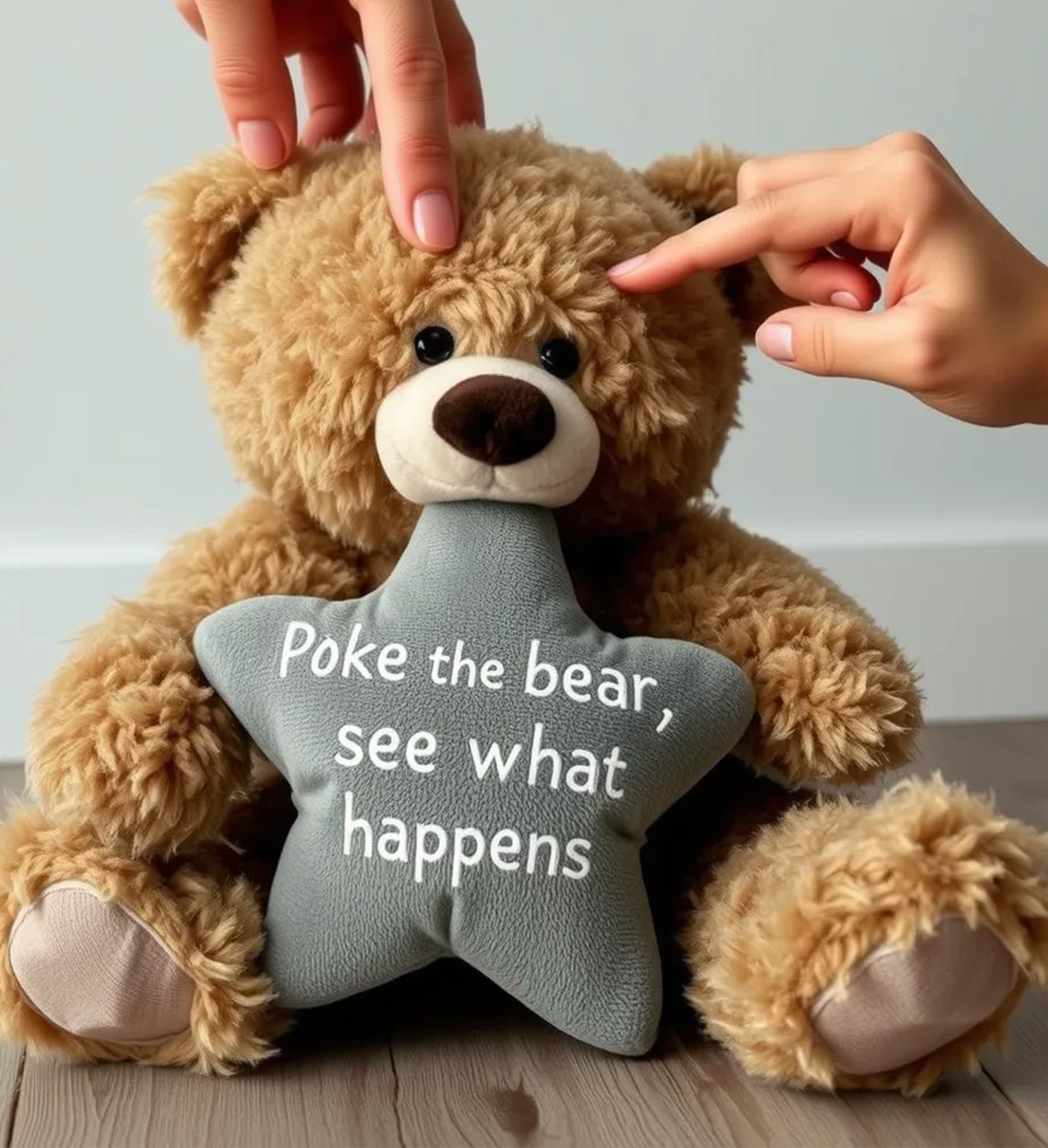 Cheeky Chappies bear a soft tan plush teddy holding a gray star pillow that reads poke the bear see what happens