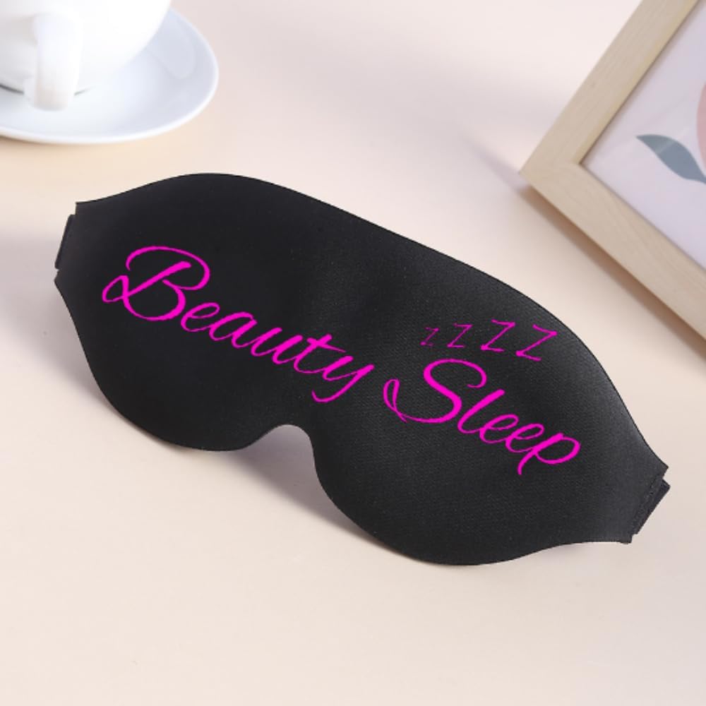 Black sleep mask with pink beauty sleep embroidery and small zs for a funny and stylish beauty sleep accessory