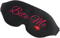Black sleep mask with pink embroidered bite me text and red lips design for a funny and stylish sleep accessory
