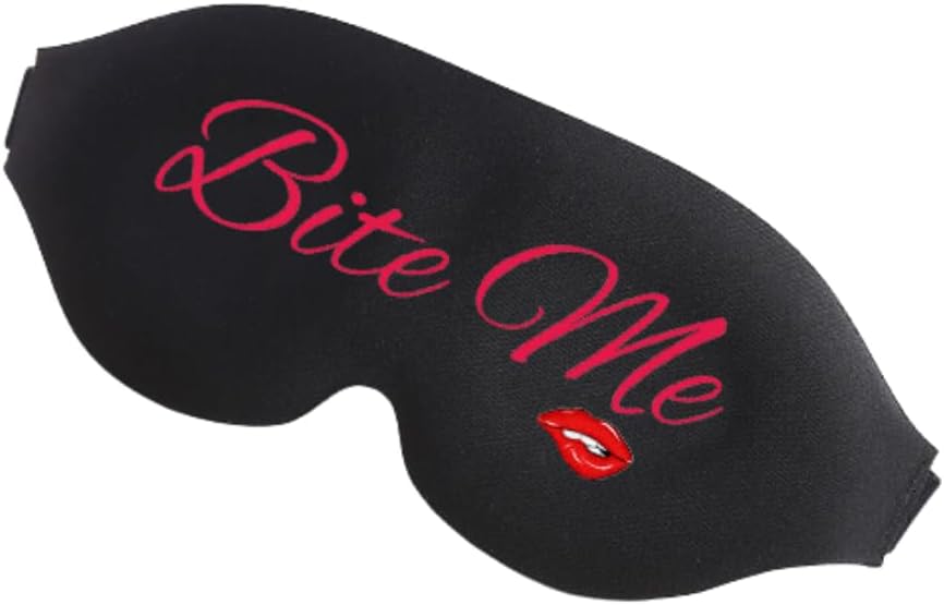 Black sleep mask with pink embroidered bite me text and red lips design for a funny and stylish sleep accessory