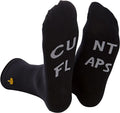 Black crew socks with gray cunt flaps text and a small yellow fist logo on the heel back side of rude slogan socks