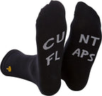 Black crew socks with gray cunt flaps text and a small yellow fist logo on the heel back side of rude slogan socks