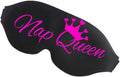 Black sleep mask with vibrant pink nap queen text and crown design for funny and comfortable naps