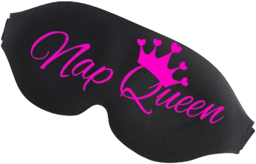 Black sleep mask with vibrant pink nap queen text and crown design for funny and comfortable naps